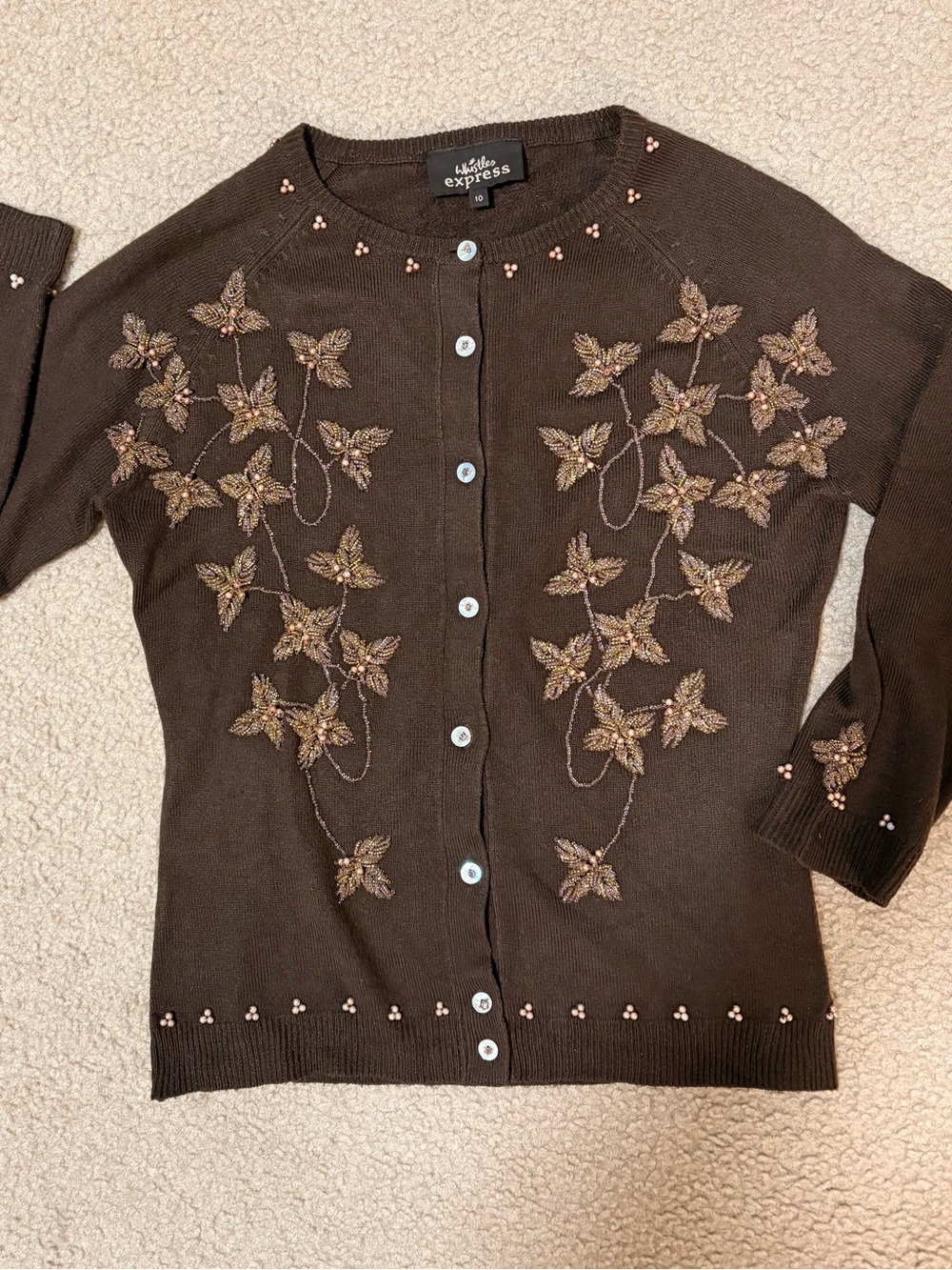 OOAK Vintage 90s Whistles Express Brown Beaded Pearl Cardigan UK 10 US 6 S M⁠